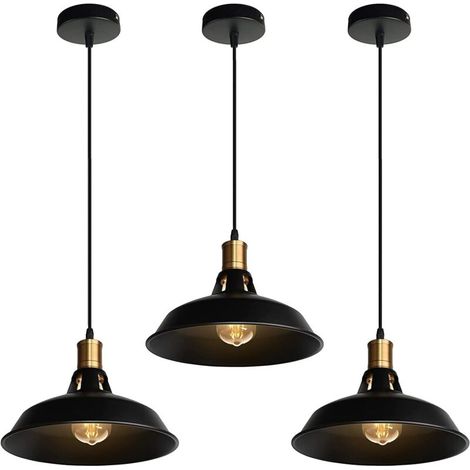 Suspension Lustre Industrielle Vintage Luminaire Plafonnier E27 Salon Abat-jour Plafond en Métal Rétro Style Nordique Design Câble Réglable (Noir, 3pcs)