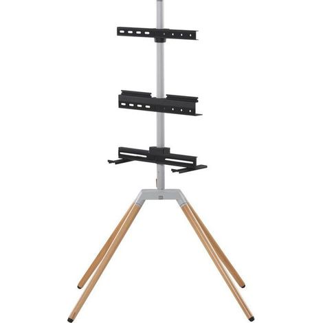 Soporte de TV Quadpod autoportante ONE FOR ALL 360掳 ajustable en altura, madera clara y metal, VESA 400x400, 32-70 pulgadas, 35 kg m谩x (1/5)