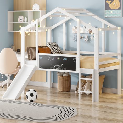 Letto a soppalco per bambini stile casetta 90x200 cm in legno massello bianco con scala, scivolo, lavagna e protezioni (1/5)