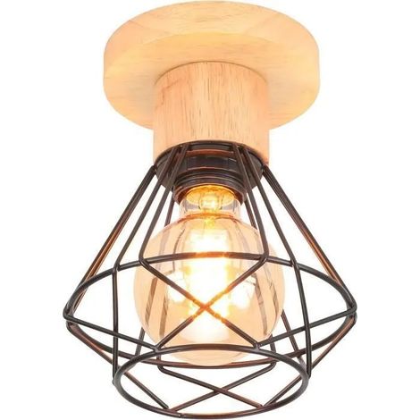 Plafonnier Industriel, 16CM Vintage Luminaire E27 Rétro Lustre Suspension en Fer et Bois Cage Design Noir pour Entrée Couloir (1/5)
