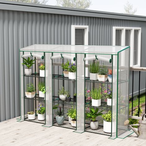 Serre de jardin avec étagères à 3 niveaux serre de balcon 3 portes enroulables zippées 215 x 46 x 151 cm blanc (1/5)