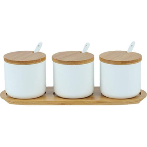 3 - Pot à épices - Sucrier - Céramique avec couvercle et cuillère - Pour sel sucre condiments - Cuisine maison - Blanc - 260ml (1/5)