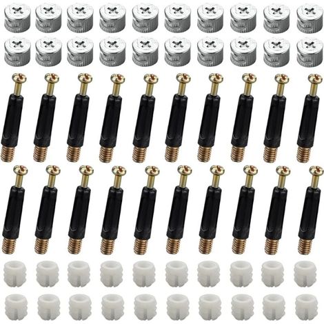 40 jeux (120 pièces) de connecteurs pour meubles, connecteurs pour armoires, kit de fixation M15, vis excentriques, cames et boulons, bouchons de fixation, écrous avant M6 x 40 mm pour armoire/commode (1/4)