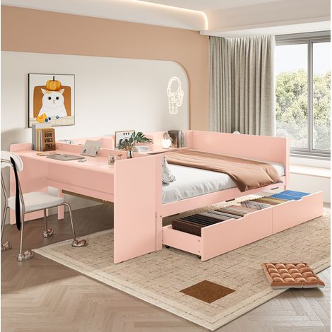 Lit double 140/200 cm rose en pin avec bureau, étagères et 2 tiroirs (1/5)