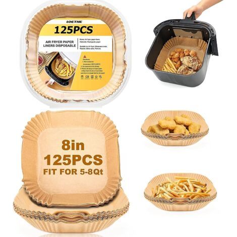 Tapis de cuisson jetables en papier pour friteuse à air - 125 tapis carrés de 20 cm en papier sulfurisé antiadhésif pour panier de friteuse à air, adaptés à la cuisson vapeur et aux préparations therm (1/5)