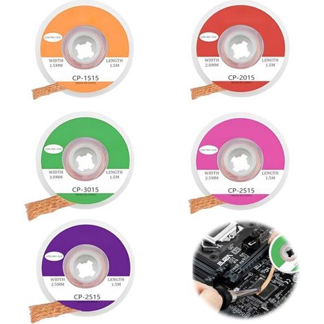 Tresses à Dessouder, Kit de Pompe à Dessouder Outil de Dessoudage Fil à Souder Haute Desoldering Wick pour Enlever l'Étain de Soudure et Démonter Les Composants Électriques(1.5/2.0/2.5/3.0/3.5mm) (1/5)