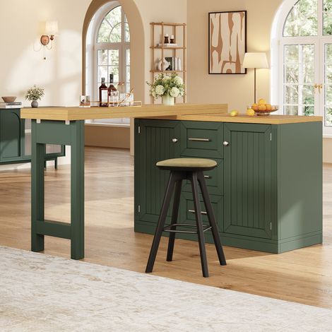 Îlot de cuisine multifonction, plateau extensible pivot 360° 3 tiroirs grande capacité étagère snack, cuisine, MDF, vert
