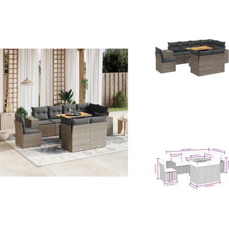 9-tlg. Garten-Sofagarnitur mit Kissen Grau Poly Rattan - Gartenmöbel Set - PE-Rattan Möbel - Outdoor Lounge - Gartenlounge - Terrassenmöbel (1/3)