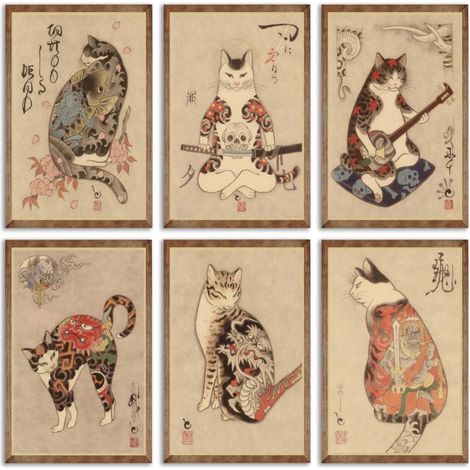 Lot de 6 affiches murales japonaises représentant des chats samouraïs, style Bushido, Kung Fu, tatouage, photo fantastique et humoristique sur toile pour le salon. (1/5)