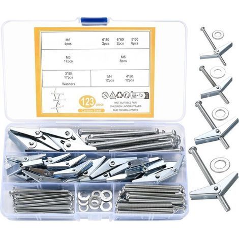 Spring Anchors with Toggle Bolts, 123 Pieces Wing Nuts with Round Head Screws, Wing Nuts for Heavy Objects on Drywall Plasterboard (1/4)