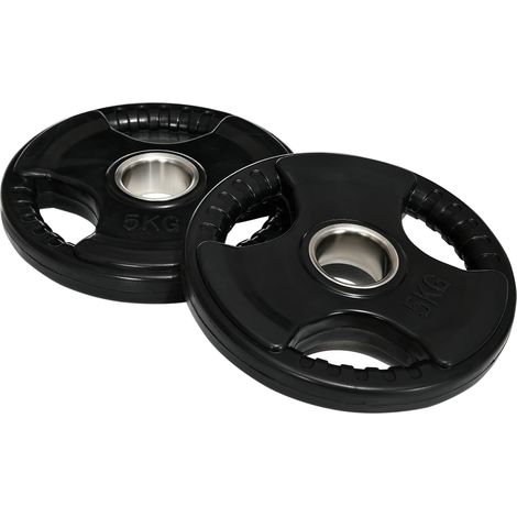 Set di 2 dischi pesi olimpici Tri-Grip 2 x 5 kg rivestiti in gomma nera con foro da 5 cm (1/5)
