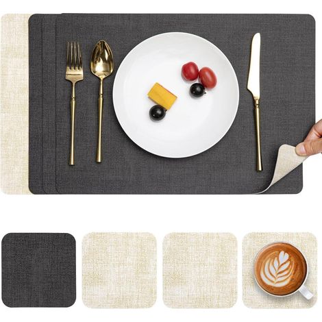 Platzdeckchen Abwaschbar Leder Rutschfest Grau Cremeweiß 4er Set (1/5)