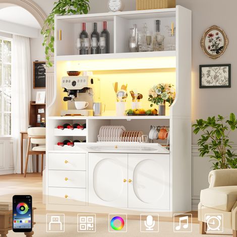Mueble alto de cocina de 120 cm con iluminación LED RGB controlada por aplicación, puertas correderas de cristal, botellero y puertas con bisagras superiores, 3 cajones, blanco/negro. (1/5)