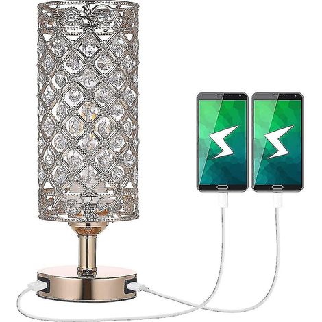 Lampe de chevet en cristal avec double port USB, abat-jour doré à paillettes moderne, culot E27 (1/3)