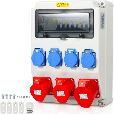SWANEW Site Box Distributore da parete con magnetotermico e FI. distributore elettrico da cantiere a 5 poli con 4 prese Schuko e presa CEE 16/32 A per interni ed esterni (1/2)
