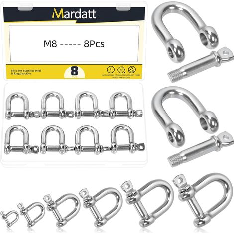Lot de 8 manilles à anneau en D en acier inoxydable 304 M8 (5/16") - Manilles d'ancrage à vis argentées - Manilles à chape pour la construction de sangles de remorquage (1/5)