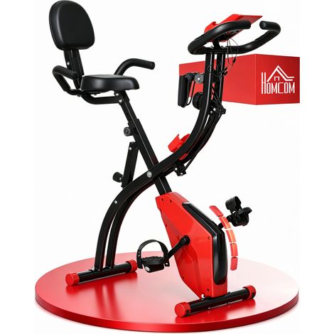 Vélo d'appartement pliable 2 en 1, résistance magnétique réglable sur 8 niveaux, silencieux, avec capteur de fréquence cardiaque, brassards, écran LCD, volant d'inertie de 2,5 kg, rouge. (1/5)