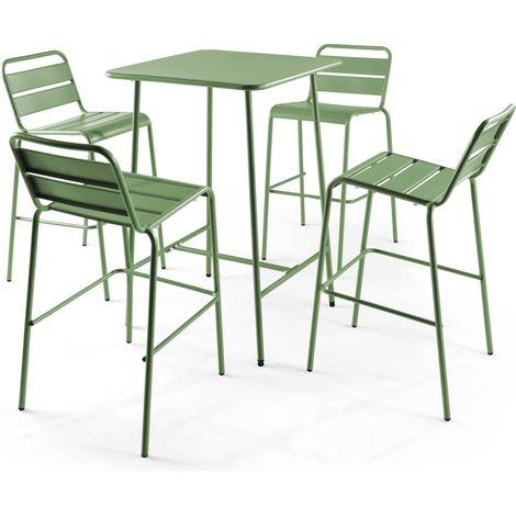 Ensemble table de bar et 4 chaises hautes en métal vert cactus  - Palavas