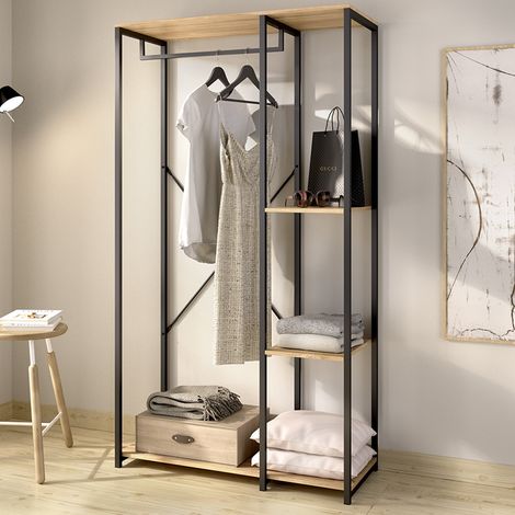 Guardaroba Grande Clovis, Armadio Camera da Letto 3 Ripiani, Appendiabiti, Cassetti, 40x167h cm Marrone Rovere (1/4)
