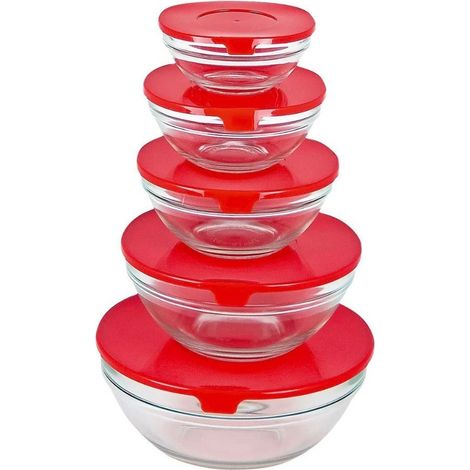 Trade Shop - Set De 5 Piezas Contenedores De Tazón Cuencos Tazón De Vidrio Cap Microonde Frezere - (1/2)
