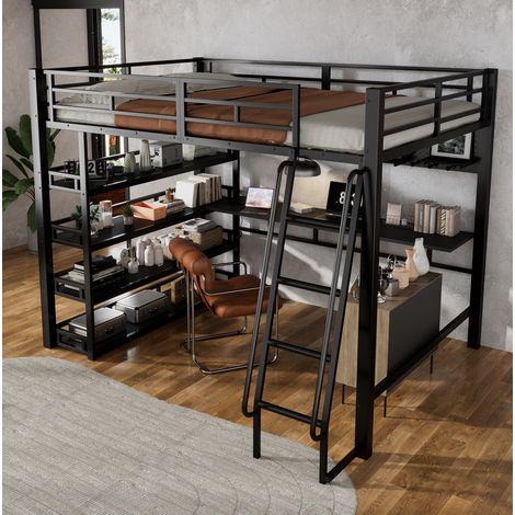 Letto a soppalco 140x200 cm nero in metallo e legno con ripiani (1/4)