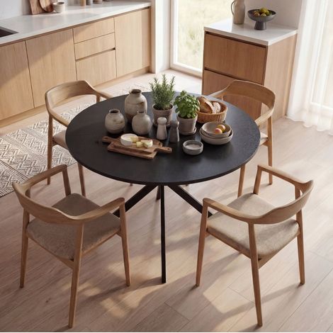 Tavolo da pranzo rotondo per 4 persone, stile industriale, gambe in acciaio, piano in legno, nero (1/5)
