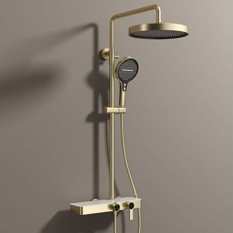 Large shower set for shower, waterfall water outlet, shower storage table, hot and cold copper, brushed gold, home bathroom (1/3)