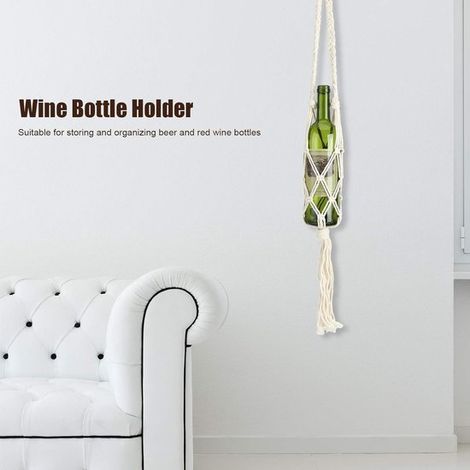 Hängende Weinflasche - Handgestrickte Flaschenaufbewahrungstasche aus Baumwollseil im Bohème-Stil, hängende Weintasche, Dekoration (Beige, 65 cm) (1/4)