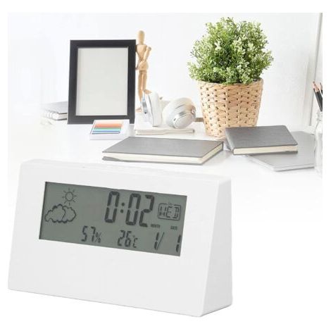 Reloj Digital Inteligente, Despertador con Luz Nocturna, Hora, Fecha, Temperatura y Humedad, Reloj de Mesita de Noche, Funciona con Pilas (Blanco) (1/5)