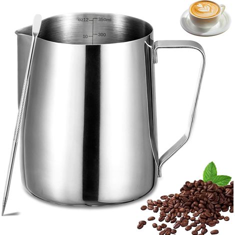 Pot à lait - 350 ml - En acier inoxydable - Avec stylo doseur Mark et Latte Art Pen - Pour cappuccino, espresso, latte art - Parfait pour les Amateurs de café (1/5)