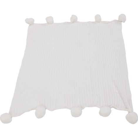 Plaid blanc 90x90cm en coton tricoté à pompons pour canapé, lit, voiture, camping (1/5)