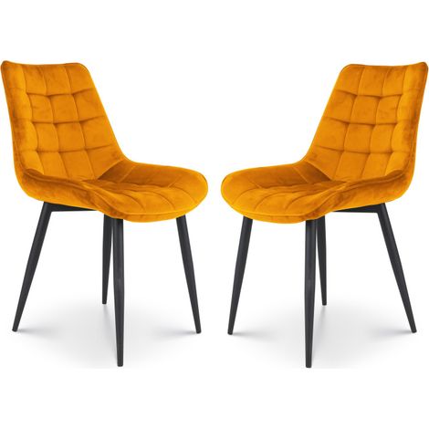 Kosmi – Lot de 2 chaises de salle à manger en velours jaune moutarde – Assise rembourrée ergonomique – Pieds en métal noir – Design moderne (1/5)
