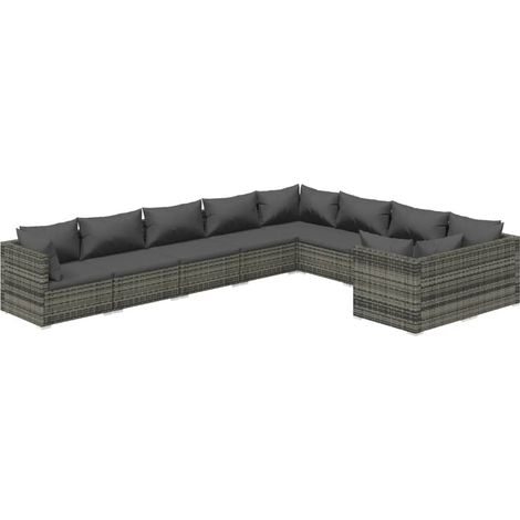 Salon de jardin 9 pcs avec coussins Résine tressée Gris vidaXL (1/5)
