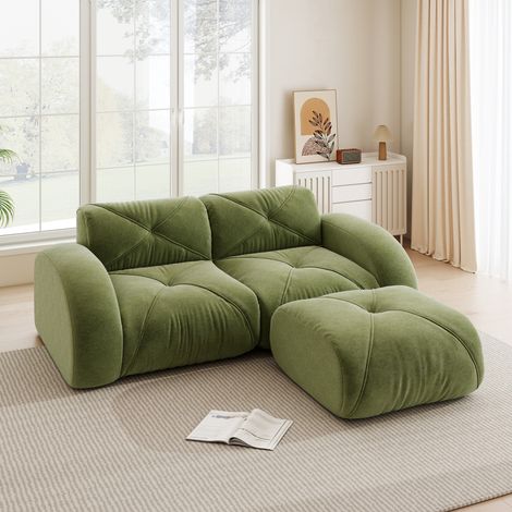 Divano modulare 2 posti con pouf, schiuma 32D ad alta densità, ciniglia verde, 204x171x76 cm (1/5)