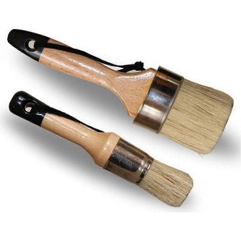Pinceaux pour peinture à la craie et cire - Lot de 2 : 1 pinceau rond pour la peinture de meubles, 1 pinceau ovale pour la peinture à la craie - Ensemble de pinceaux à poils (1/5)