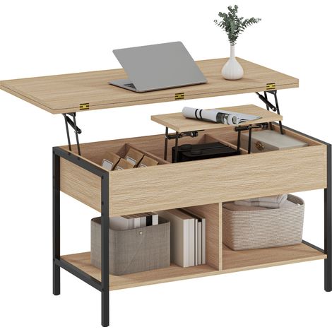 Table basse relevable, extensible, bois naturel, 98 x 49 x 55 cm, table de salon, compartiment caché étagères ouvertes (1/5)