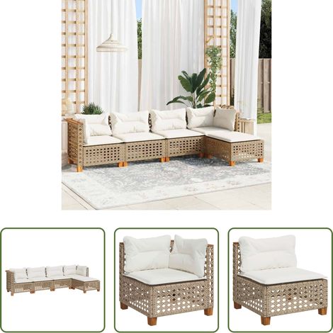 Gartensessel -  5-tlg. Garten-Sofagarnitur mit Kissen Beige Poly Rattan (1/5)
