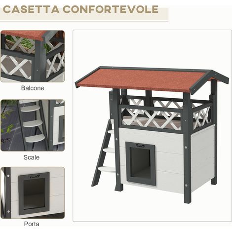Niche extérieure pour chat avec terrasse et échelle en bois. 77 x 50 x 73 cm. blanc et gris (1/5)
