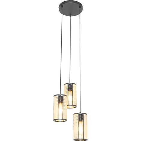 QAZQA Retro-Hängelampe schwarz mit Rattan 3-flammig rund - Akira