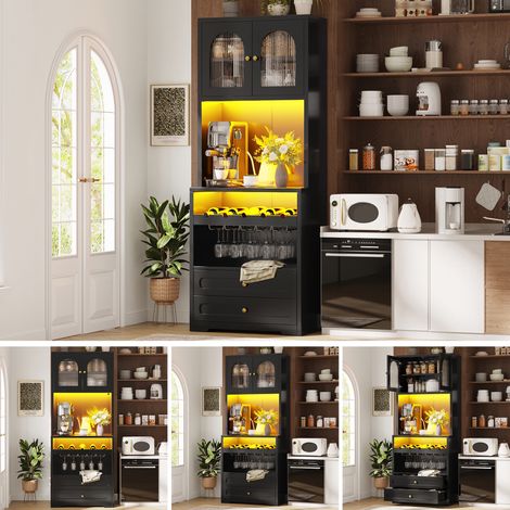 Meuble haut avec portes en verre courbées, éclairage LED via application & synchronisation musicale, étagères réglables, casier à vin, port USB, anti-basculement, pour salon & salle à manger Noir (1/5)
