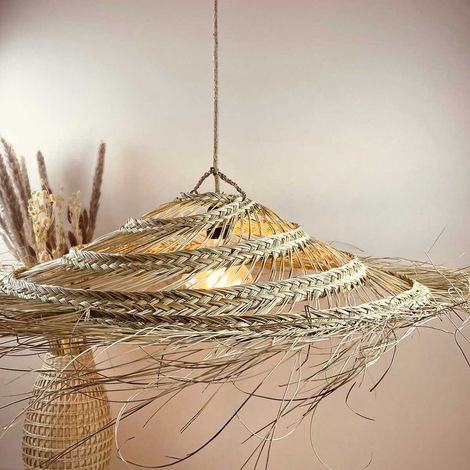 Abat-jour en paille naturelle ajouré L forme parasol – Diamètre 70 cm – Hauteur 20-25 cm – Pour installation intérieure et extérieure – Dmail (1/5)