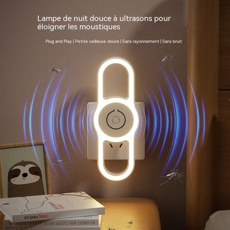 Lampe anti-moustiques LED à ultrasons, alimentée par secteur, pour chambre, salon ou pièce intérieure, silencieuse, avec lumière douce protectrice pour les yeux et anti-moustiques (1/3)