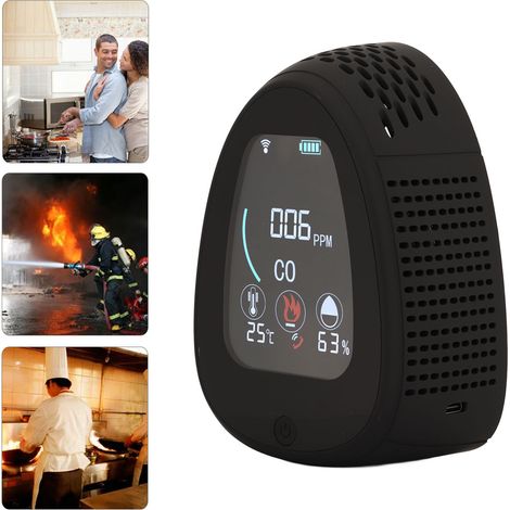 Détecteur de fumée, de monoxyde de carbone, de température et d'humidité portable PT03 noir 5 en 1 pour le camping (5V) (1/5)