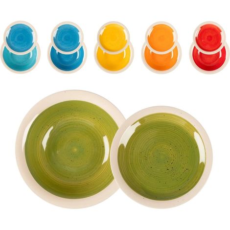 TRADE SHOP - Set Servizio Di Piatti Stile Rustico Country Chic In Stoneware 12pz Da Tavola Multicolore - (1/3)