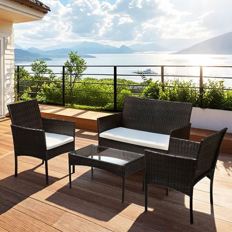Wolketon Salotto da giardino 4 posti in rattan sintetico con cuscini chiari e struttura in ferro zincato marrone (1/5)