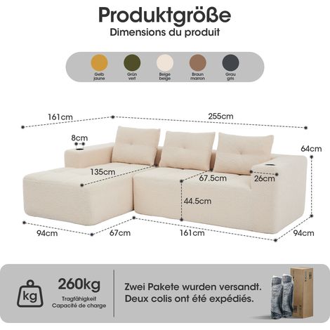 Canapé d'angle 3 coussins ressorts à poches + 2 panneaux plastique, 258 cm