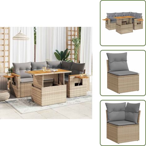 5-tlg. Garten-Sofagarnitur mit Kissen Beige Poly Rattan Akazie - Gartensofa Set - Garten Sofa Set - Outdoor Sofa Set - Garten Sofagarnitur (1/5)