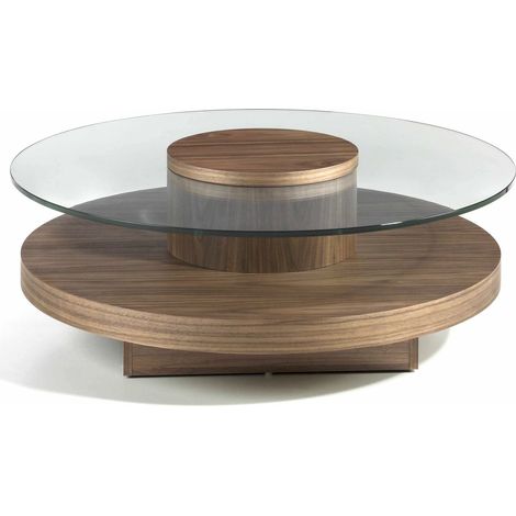 Table basse ronde bois plateau en verre trempé - Noyer, transparent (1/2)