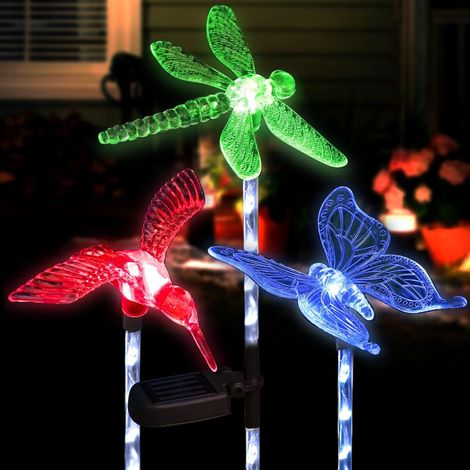 Lumières solaires de jardin, 3 packs de lumière solaire de poteau, couleur changeante solaire alimenté éclairage décoratif de paysage colibri papillon libellule pour chemin extérieur, cour, prairie (1/5)