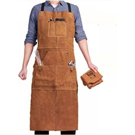 Schweißerschürze mit 6 Taschen, feuerhemmende und hitzebeständige Lederarbeitsschürze, Herren-Zimmermannsschürze, verstellbar von M bis XXXL, ideal für Schmiede, Maschinisten und Werkstätten